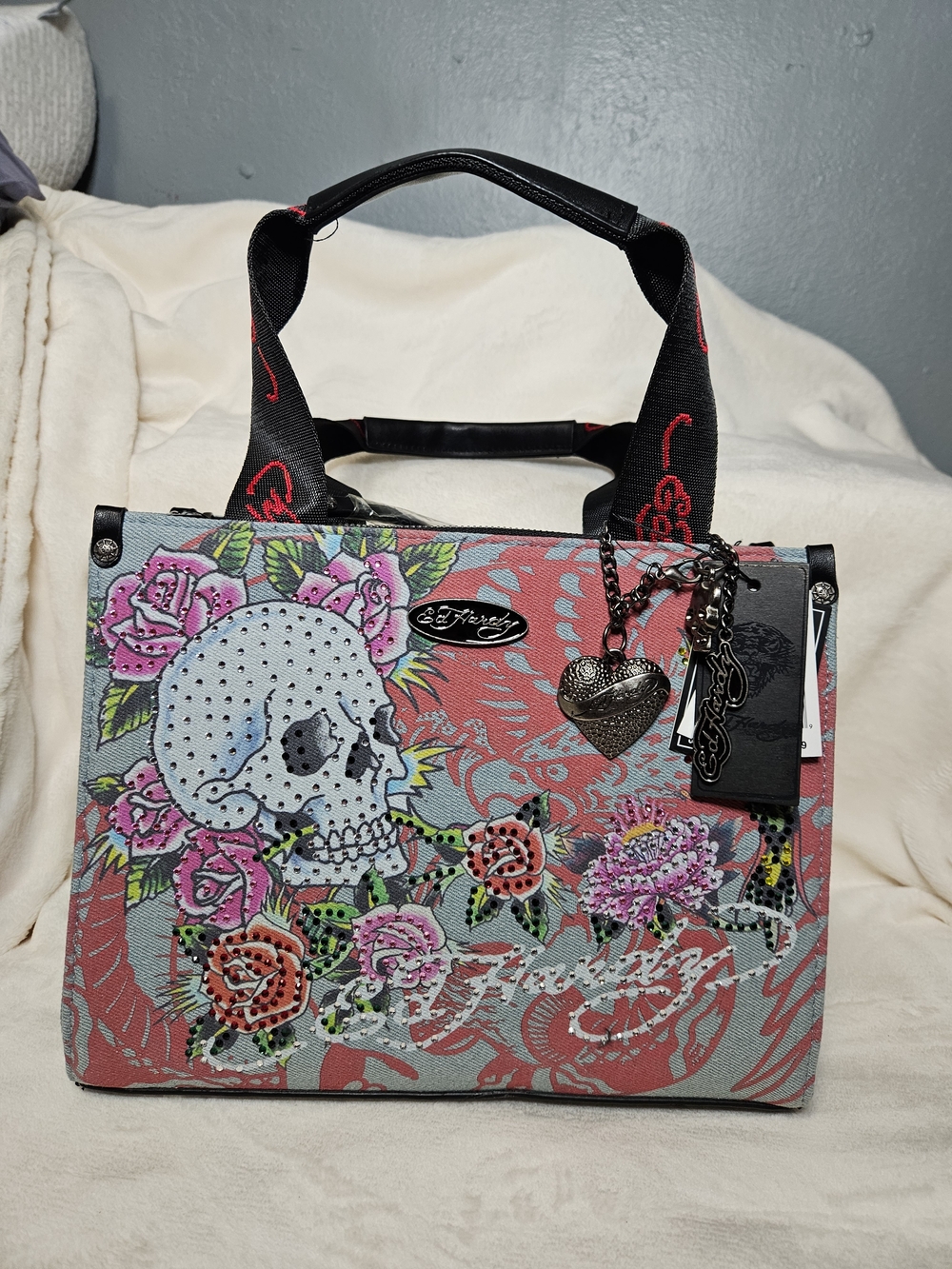 Ed Hardy Floral Skull Tote Bag 11" X 9"